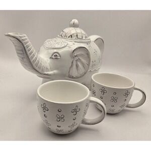 Elephant Teapot Pair Cups 222 Fifth "Caravan"  White Ivory Solid Color...
